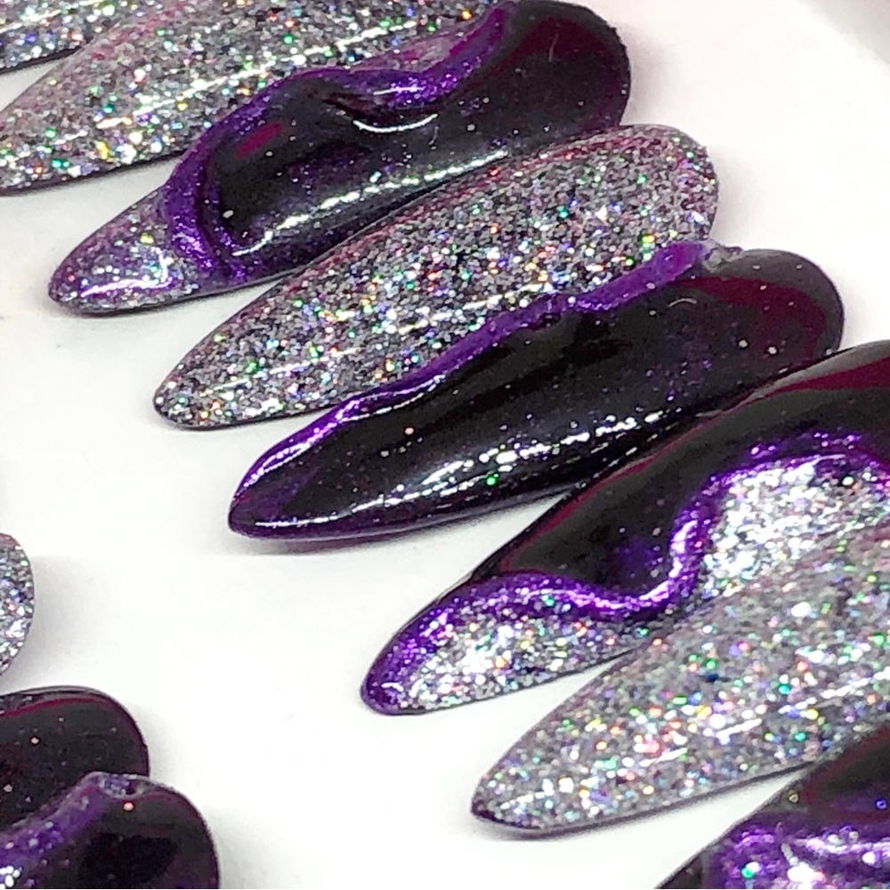 *SOLD* Handmade Press On Nails Long Almond Shape Full Set UV Gel Purple & Holo … - Picture 3 of 13